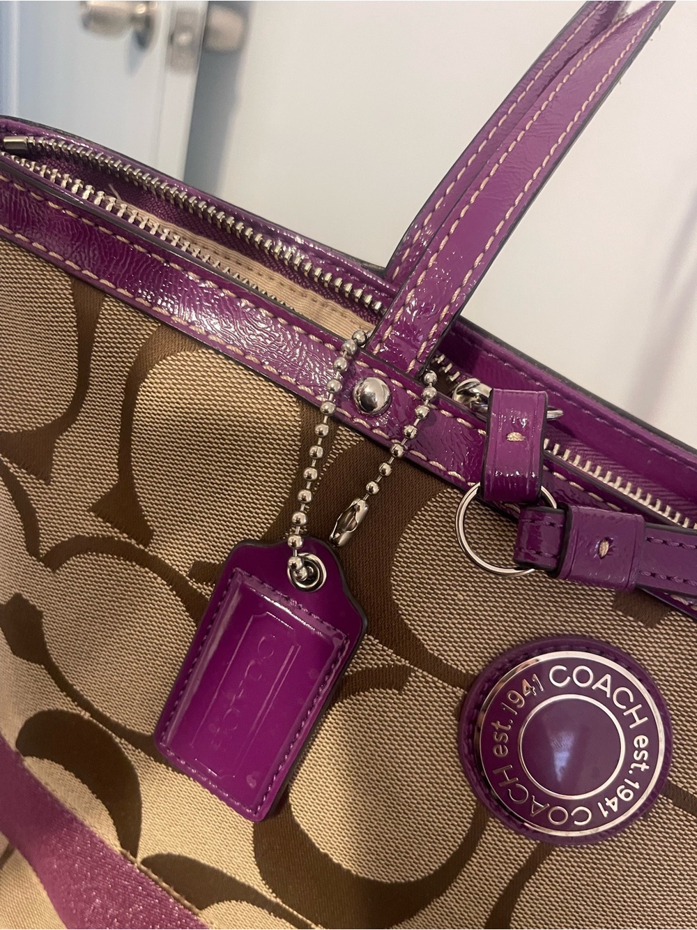 Coach Canvas Tote with Purple Trim and Tan Signature Print - Picture 2 of 9